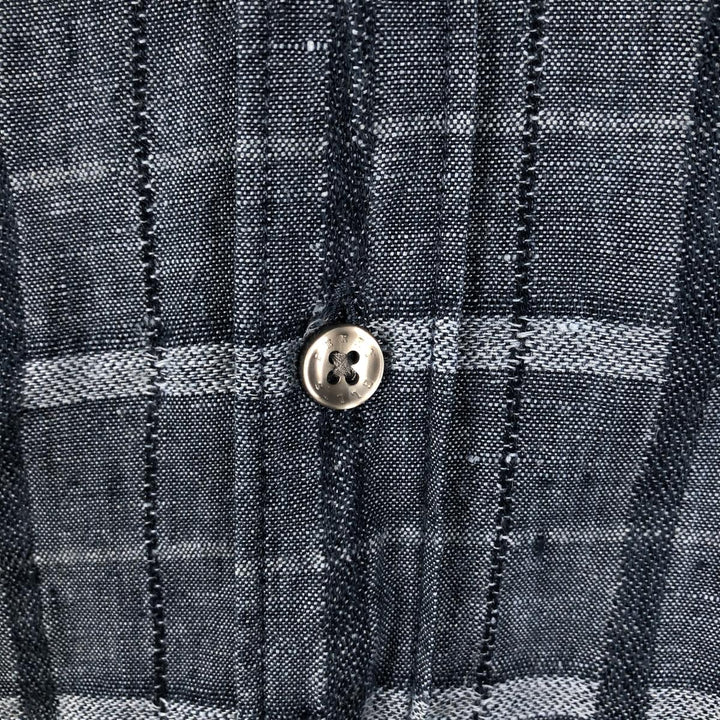 Perry Ellis Check Pattern Short-Sleeve Linen Box Shirt (Men's Size L equivalent) linen navy blue type Vintage Second Hand