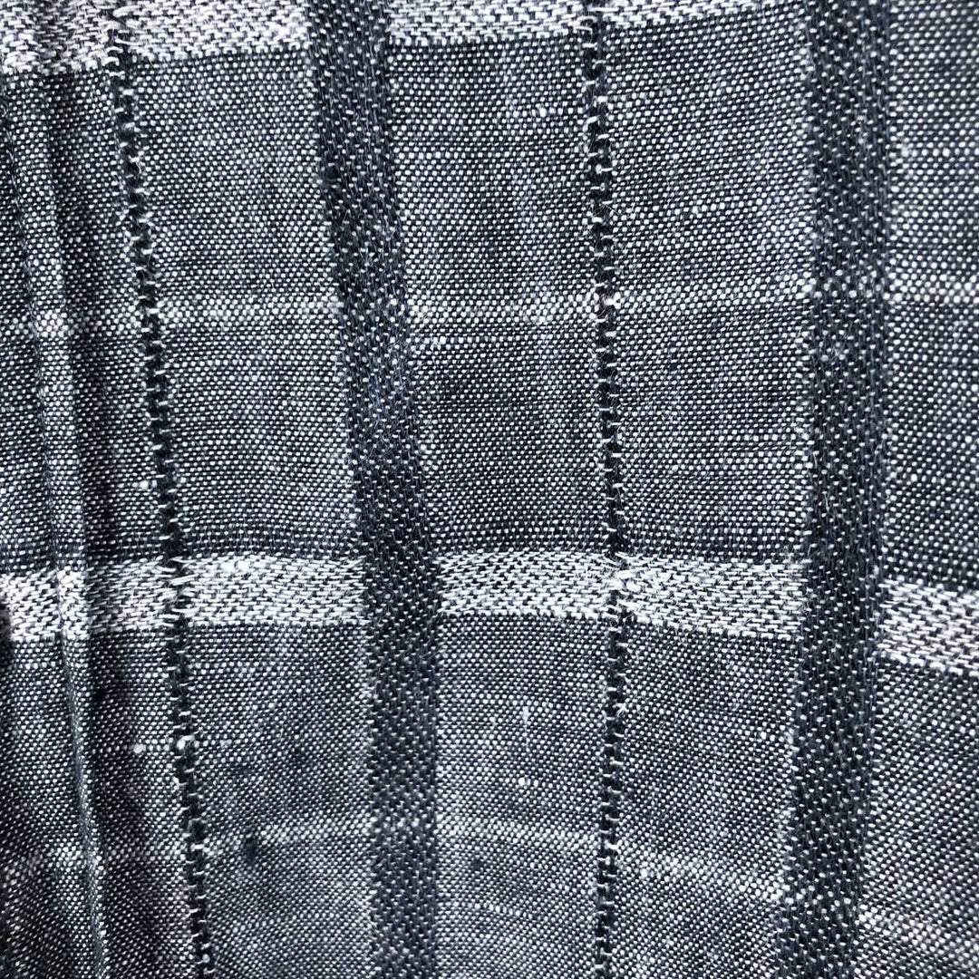 Perry Ellis Check Pattern Short-Sleeve Linen Box Shirt (Men's Size L equivalent) linen navy blue type Vintage Second Hand