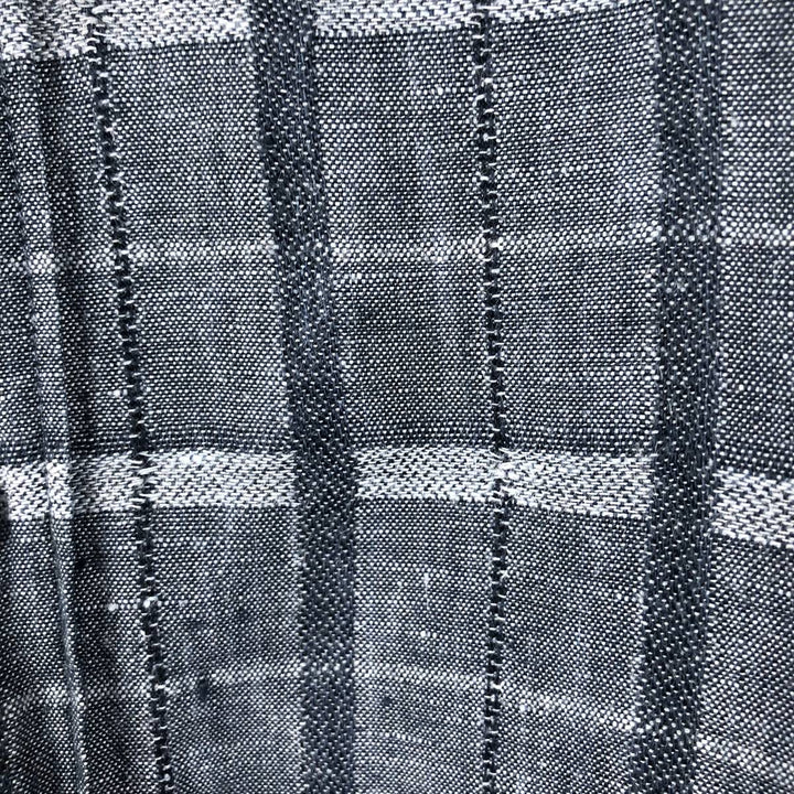 Perry Ellis Check Pattern Short-Sleeve Linen Box Shirt (Men's Size L equivalent) linen navy blue type Vintage Second Hand
