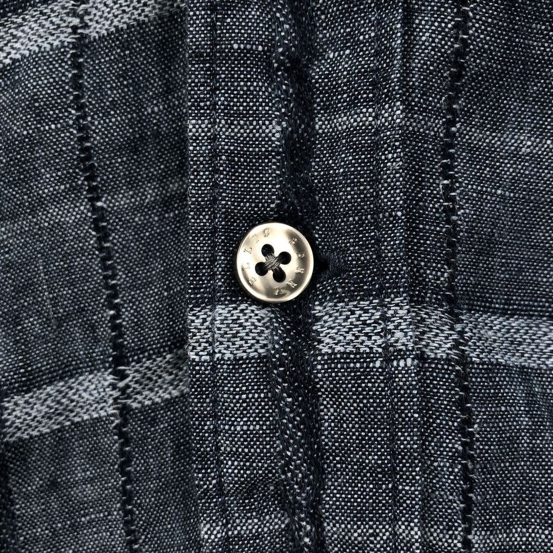 Perry Ellis Check Pattern Short-Sleeve Linen Box Shirt (Men's Size L equivalent) linen navy blue type Vintage Second Hand