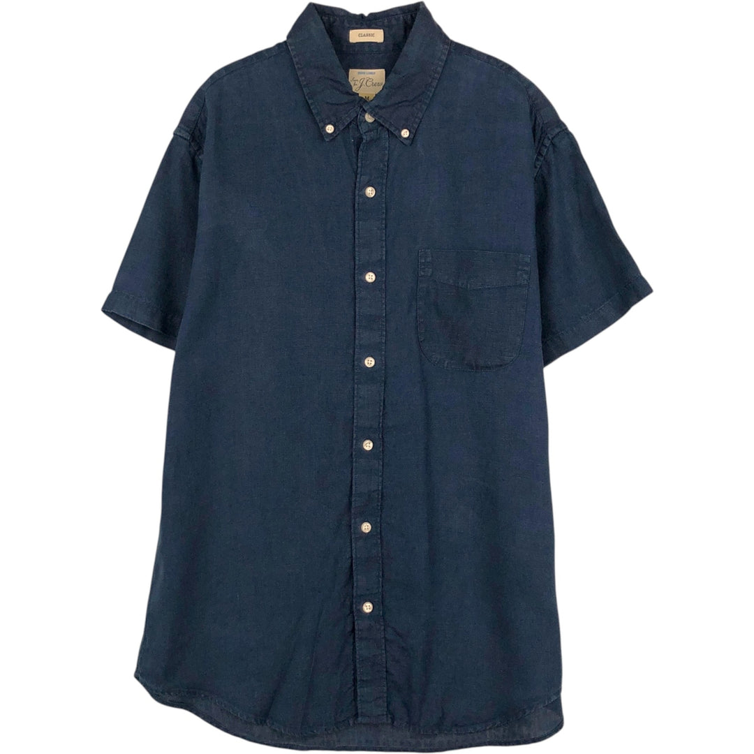 J.Crew CLASSIC Short-Sleeve Linen Button-Down Shirt, Men's Size M (approx.) linen Navy blue Vintage Second Hand