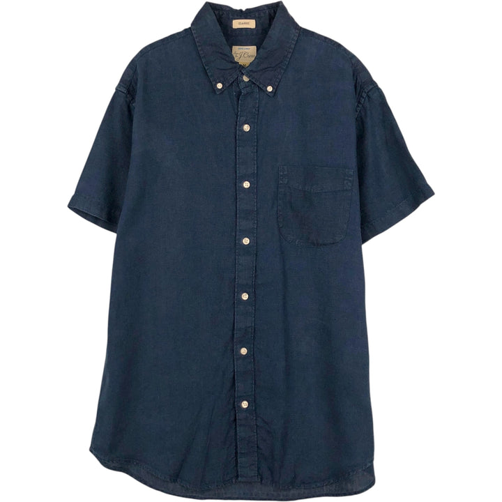 J.Crew CLASSIC Short-Sleeve Linen Button-Down Shirt, Men's Size M (approx.) linen Navy blue Vintage Second Hand