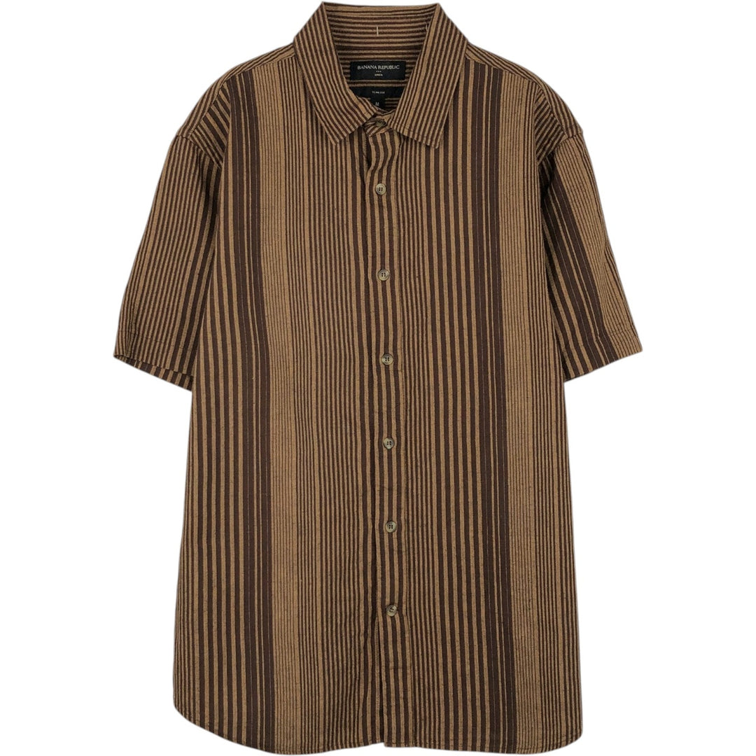 Banana Republic Slim Fit Stripe Pattern Multi-Stripe Short-Sleeve Linen Shirt (Men's Size M) linen brown type Vintage Second Hand
