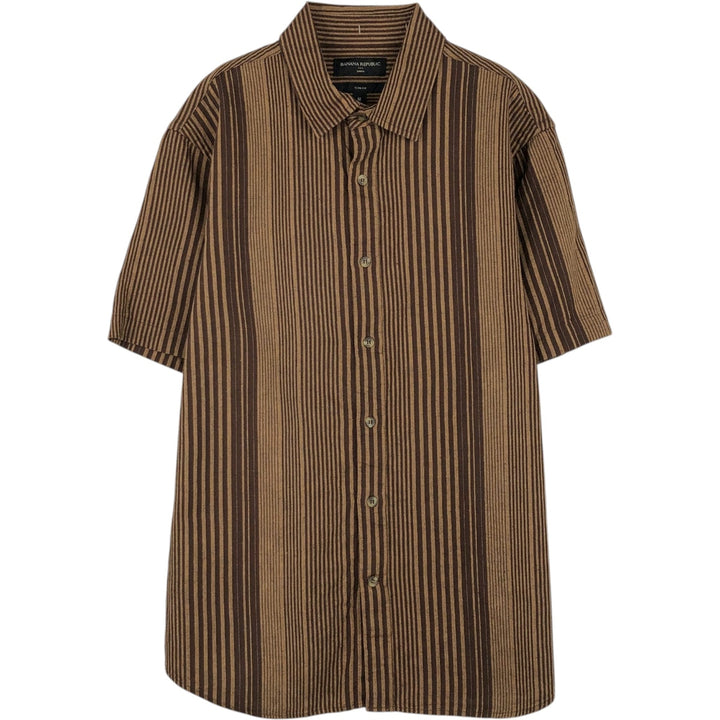 Banana Republic Slim Fit Stripe Pattern Multi-Stripe Short-Sleeve Linen Shirt (Men's Size M) linen brown type Vintage Second Hand