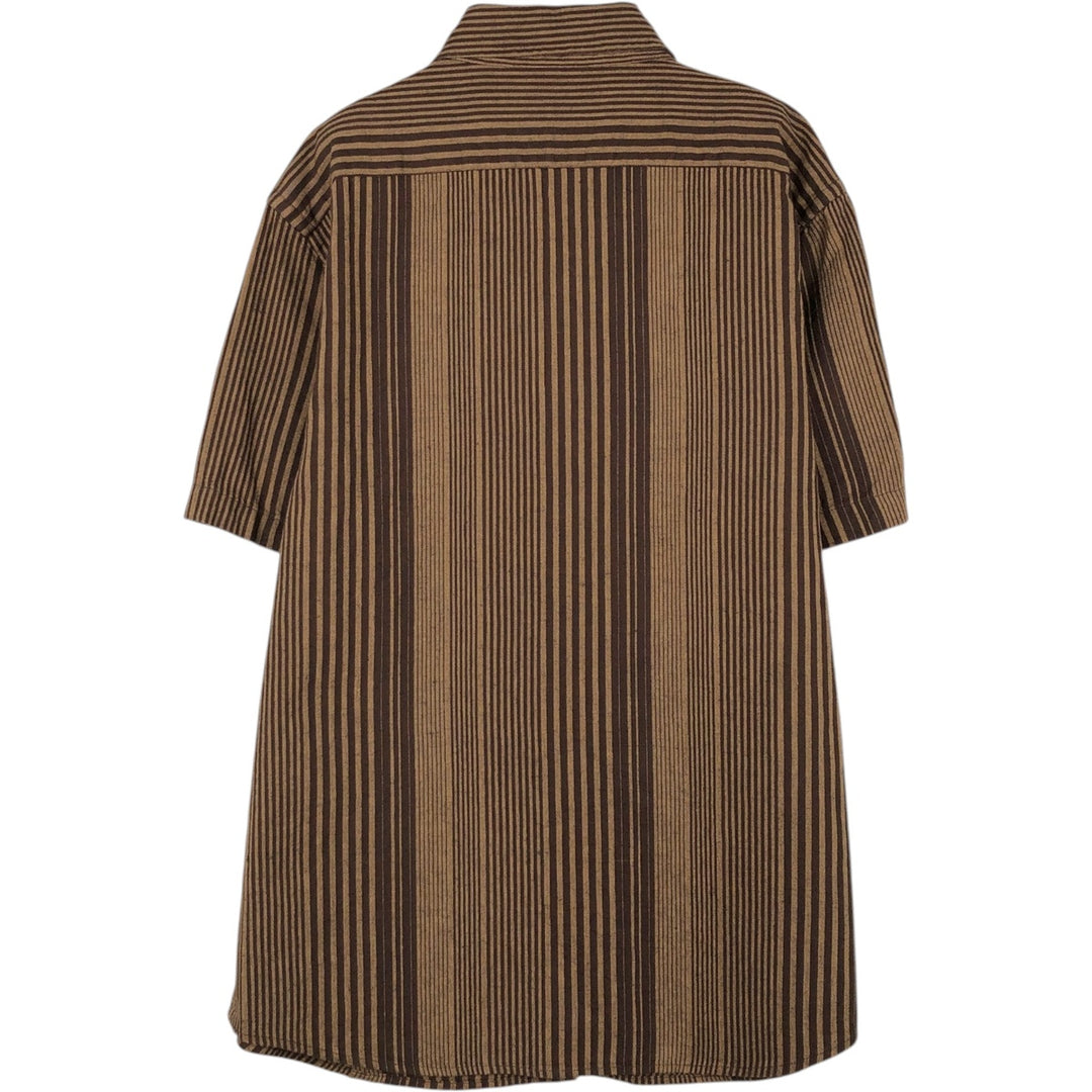Banana Republic Slim Fit Stripe Pattern Multi-Stripe Short-Sleeve Linen Shirt (Men's Size M) linen brown type Vintage Second Hand
