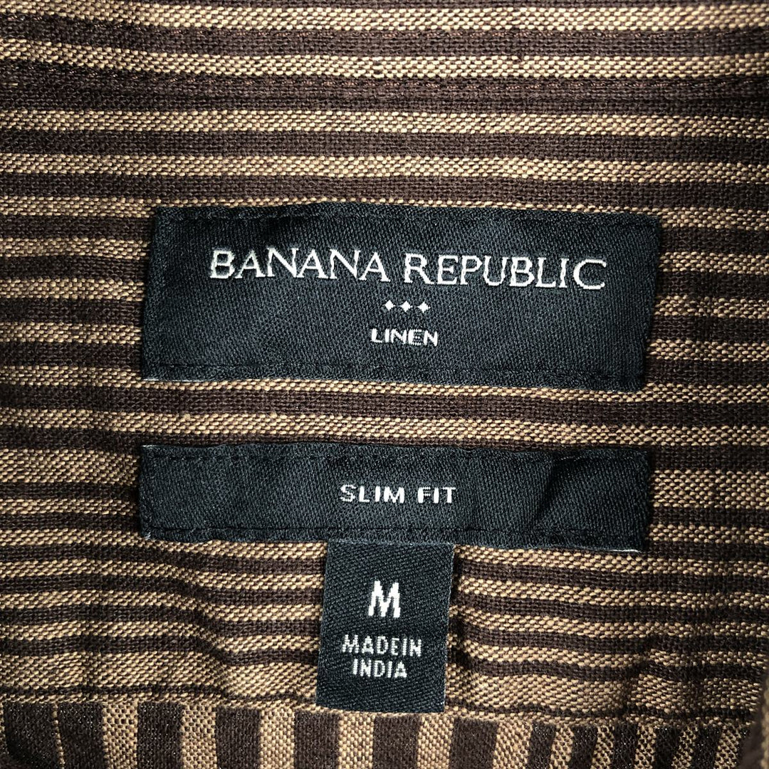 Banana Republic Slim Fit Stripe Pattern Multi-Stripe Short-Sleeve Linen Shirt (Men's Size M) linen brown type Vintage Second Hand
