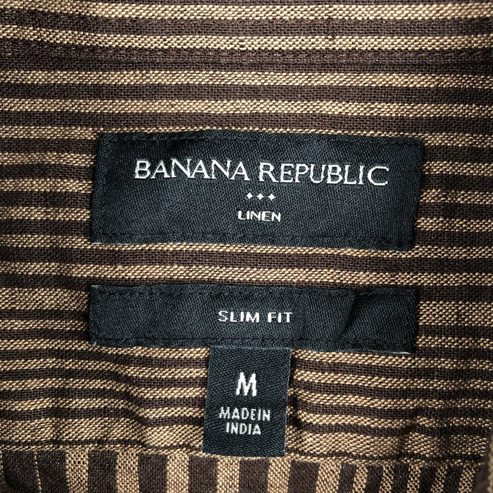 Banana Republic Slim Fit Stripe Pattern Multi-Stripe Short-Sleeve Linen Shirt (Men's Size M) linen brown type Vintage Second Hand