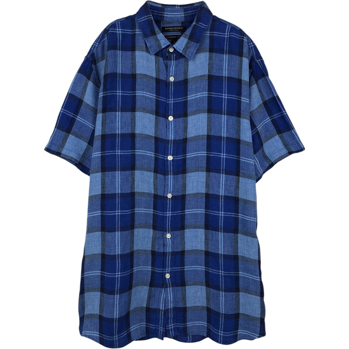 Banana Republic CAMDEN FIT Check Pattern Short-Sleeve Linen Shirt (Men's Size L) linen blue type Vintage Second Hand