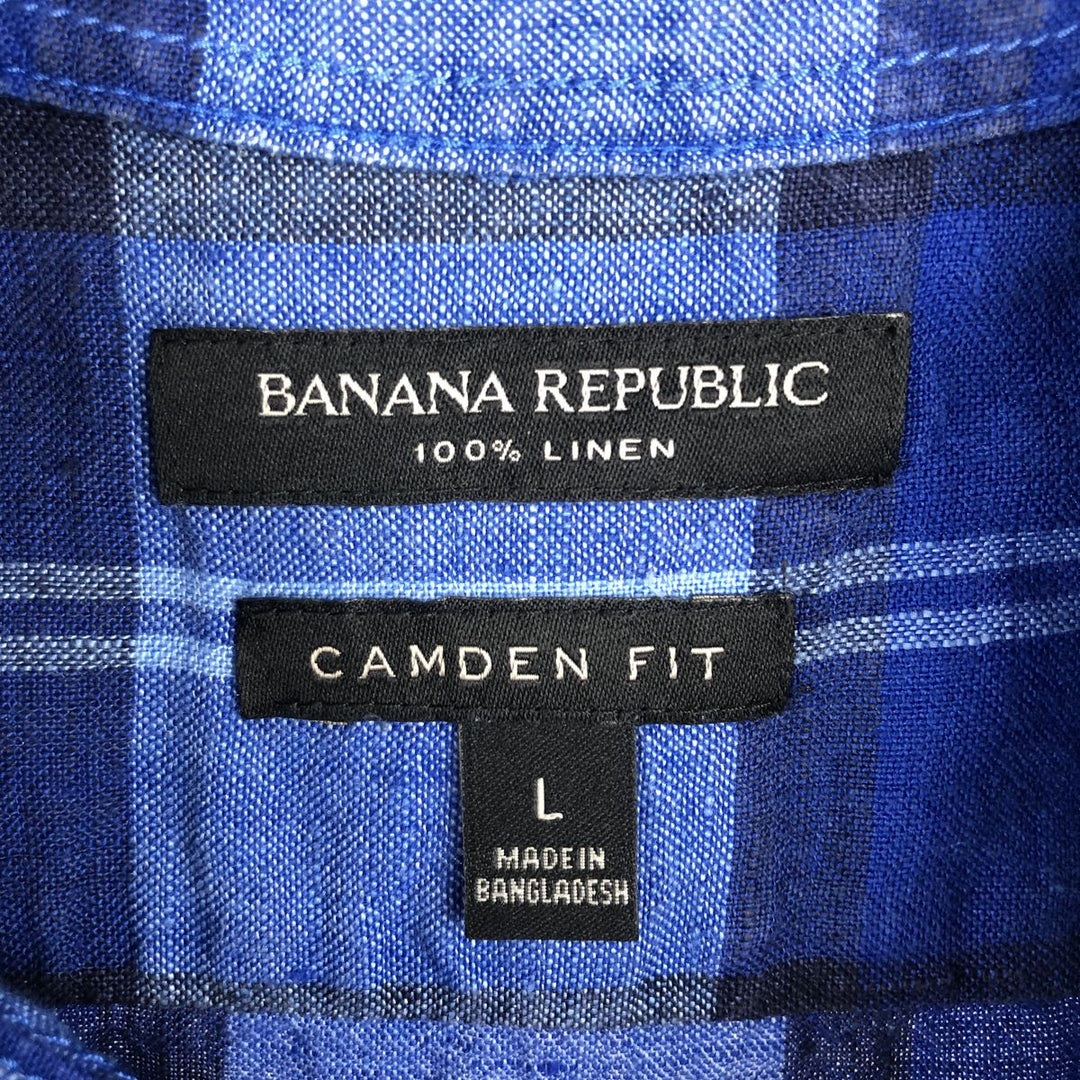 Banana Republic CAMDEN FIT Check Pattern Short-Sleeve Linen Shirt (Men's Size L) linen blue type Vintage Second Hand
