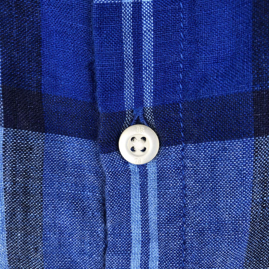 Banana Republic CAMDEN FIT Check Pattern Short-Sleeve Linen Shirt (Men's Size L) linen blue type Vintage Second Hand