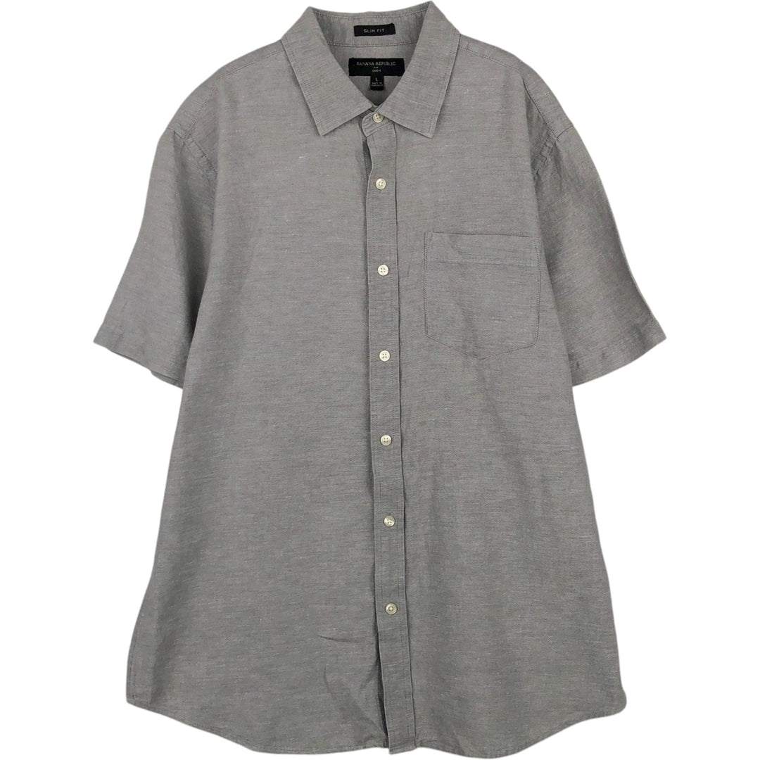 Banana Republic Slim Fit Wide Collar Short-Sleeve Linen Shirt (Men's Size L equivalent) linen gray type Vintage Second Hand