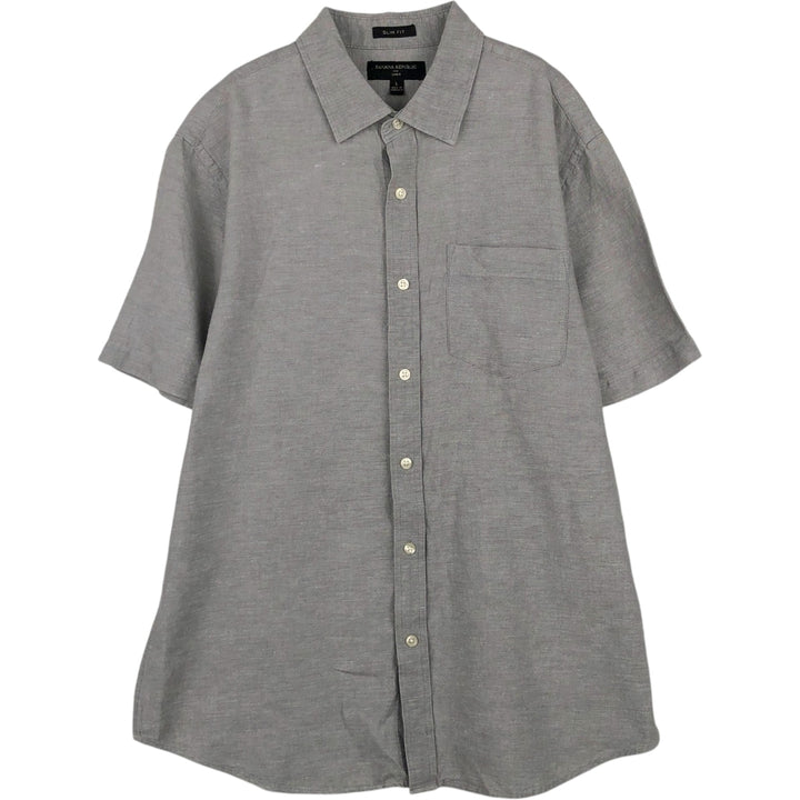 Banana Republic Slim Fit Wide Collar Short-Sleeve Linen Shirt (Men's Size L equivalent) linen gray type Vintage Second Hand