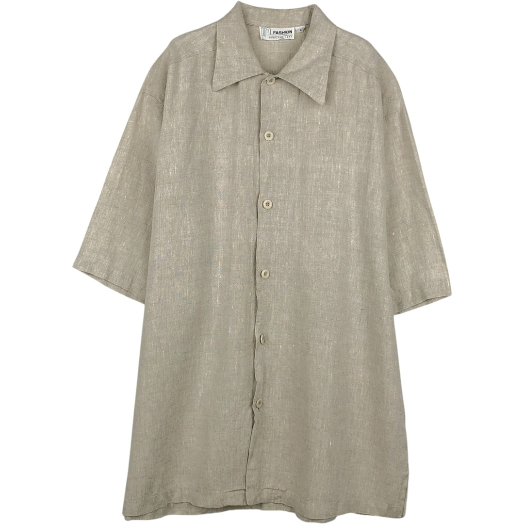 IN FASHION Short-Sleeve Open-Collar Linen Shirt, Boxy Shirt, Men's Size L (approx.) linen Beige type Vintage Second Hand