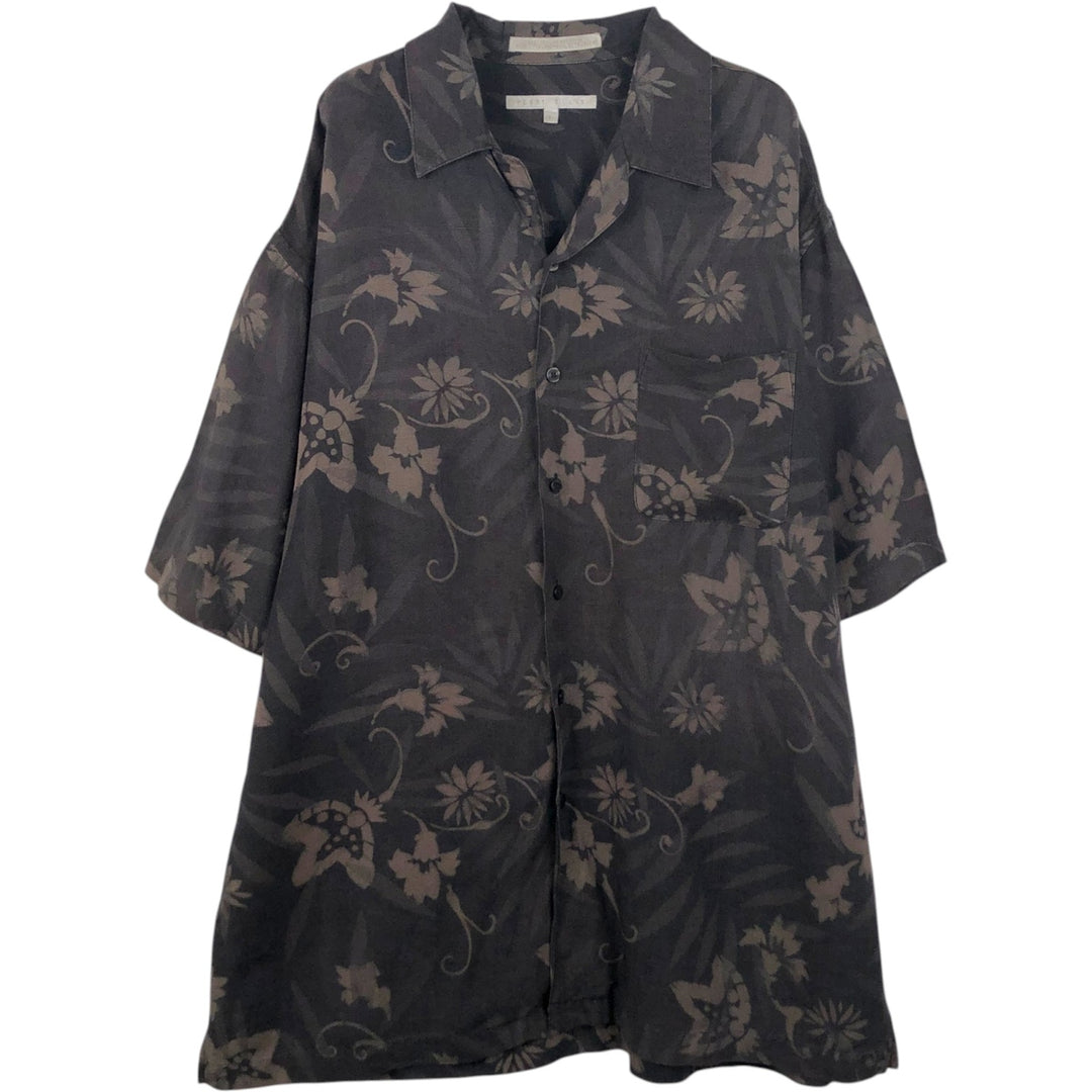 Perry Ellis PERRY ELLIS all-over floral print short-sleeved open-collar rayon x linen box shirt, men's size L equivalent. linen walnut Vintage Second Hand
