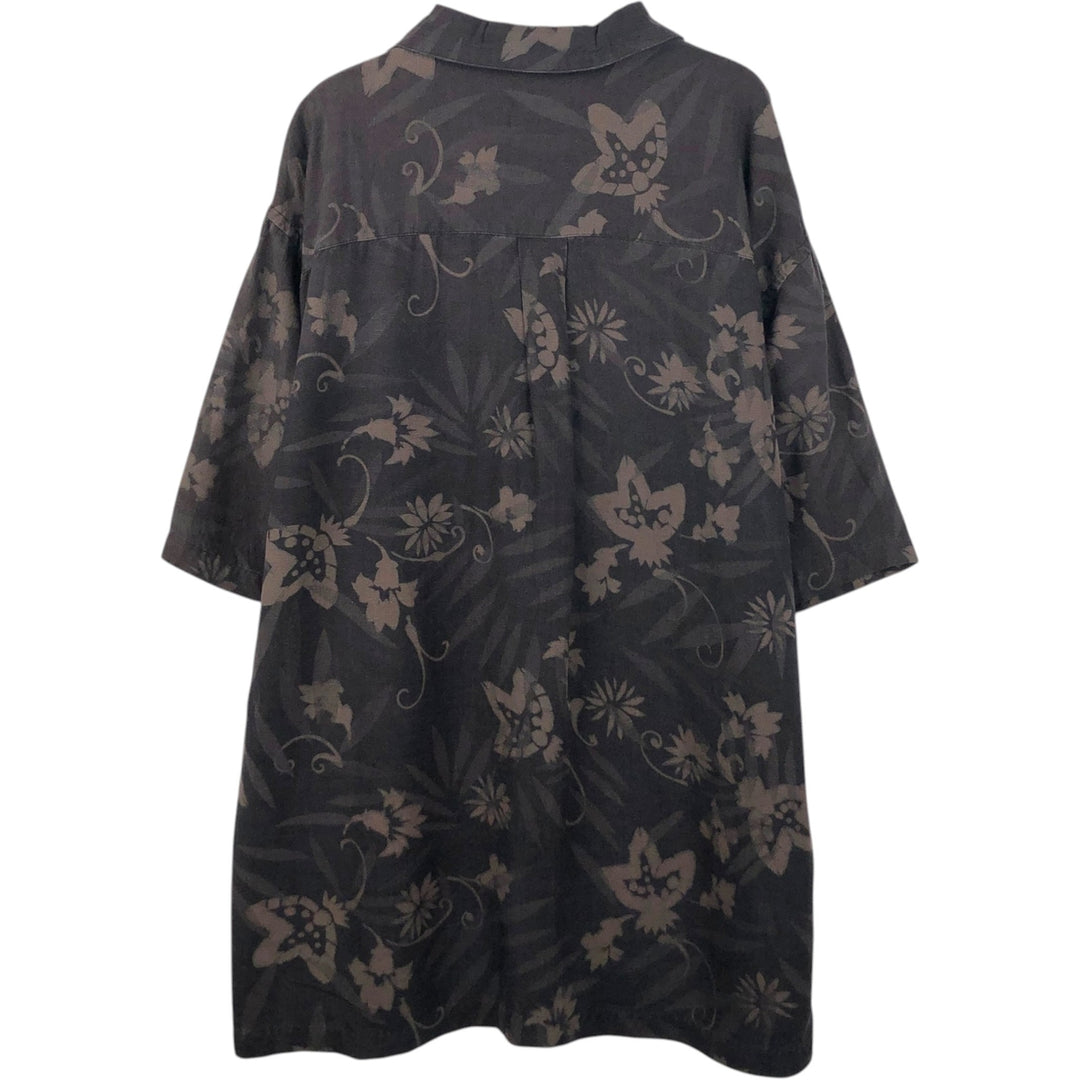 Perry Ellis PERRY ELLIS all-over floral print short-sleeved open-collar rayon x linen box shirt, men's size L equivalent. linen walnut Vintage Second Hand