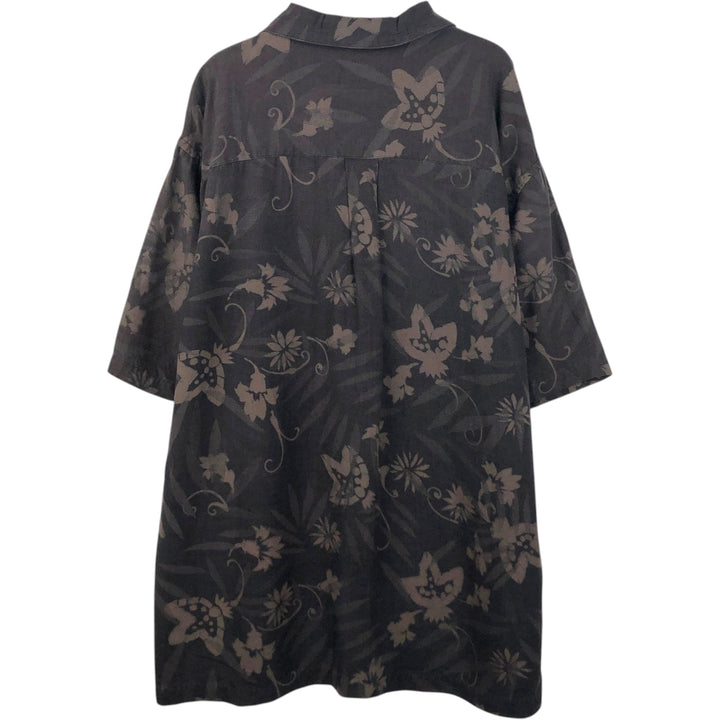 Perry Ellis PERRY ELLIS all-over floral print short-sleeved open-collar rayon x linen box shirt, men's size L equivalent. linen walnut Vintage Second Hand