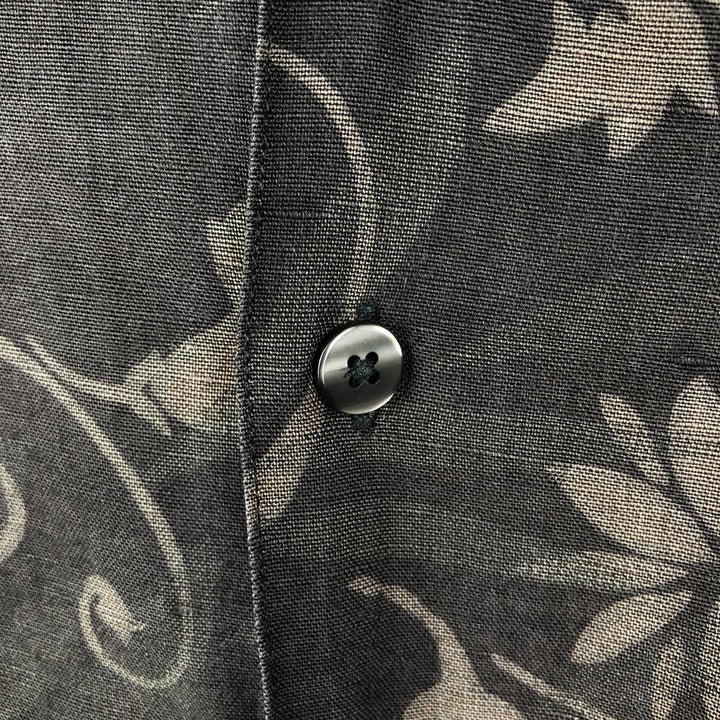 Perry Ellis PERRY ELLIS all-over floral print short-sleeved open-collar rayon x linen box shirt, men's size L equivalent. linen walnut Vintage Second Hand