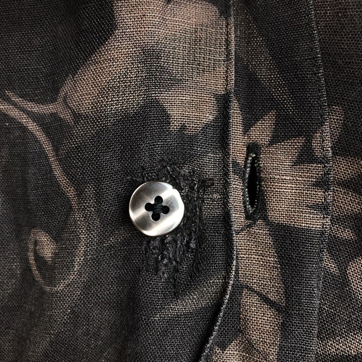 Perry Ellis PERRY ELLIS all-over floral print short-sleeved open-collar rayon x linen box shirt, men's size L equivalent. linen walnut Vintage Second Hand