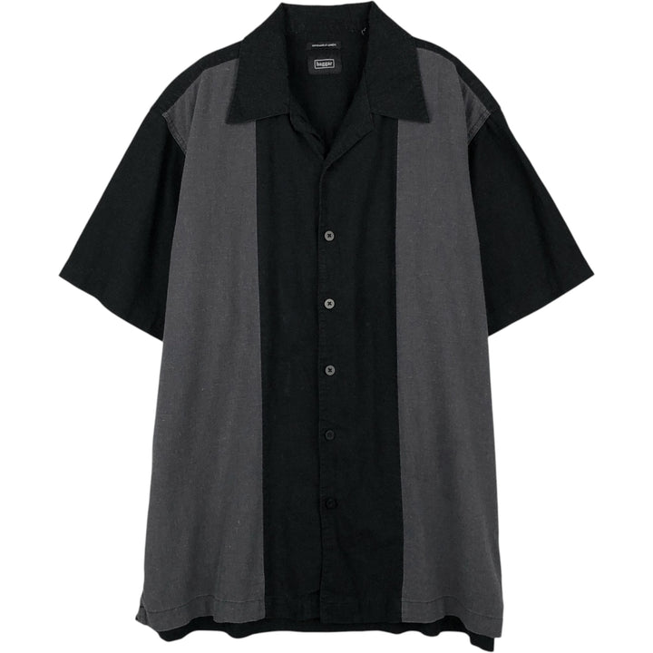 Haggar Washable Linen Two-Tone Short-Sleeve Open-Collar Linen Shirt, Boxy Fit, Men's Size L linen black type Vintage Second Hand