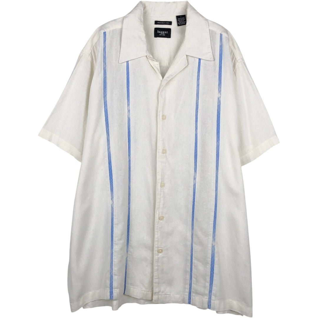 Haggar Short-Sleeve Open-Collar Linen Shirt, Boxy Fit, Men's Size L (approx.) linen white type Vintage Second Hand