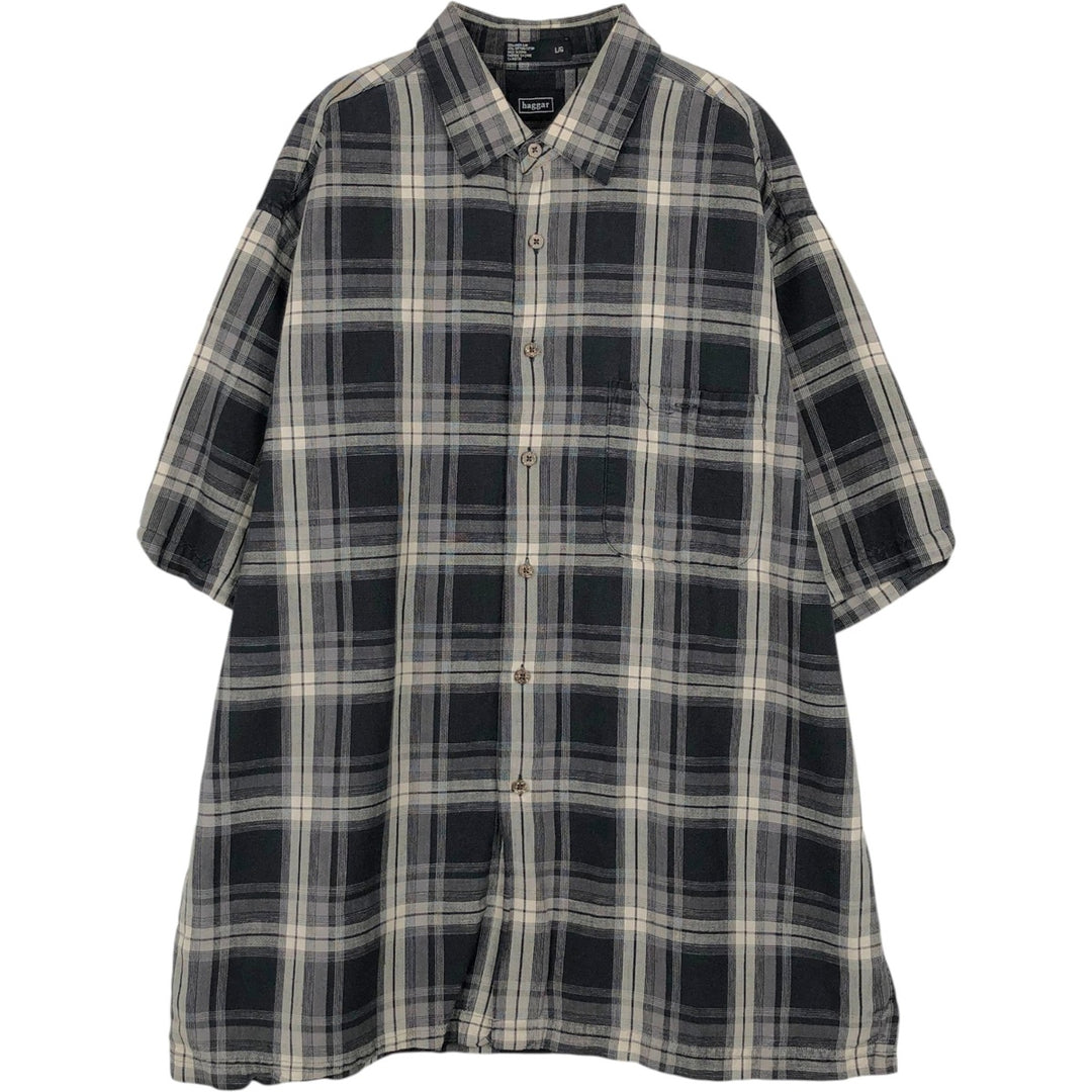 Haggar Check Pattern Short-Sleeve Linen Shirt, Boxy Shirt, Men's Size L (approx.) linen black type Vintage Second Hand