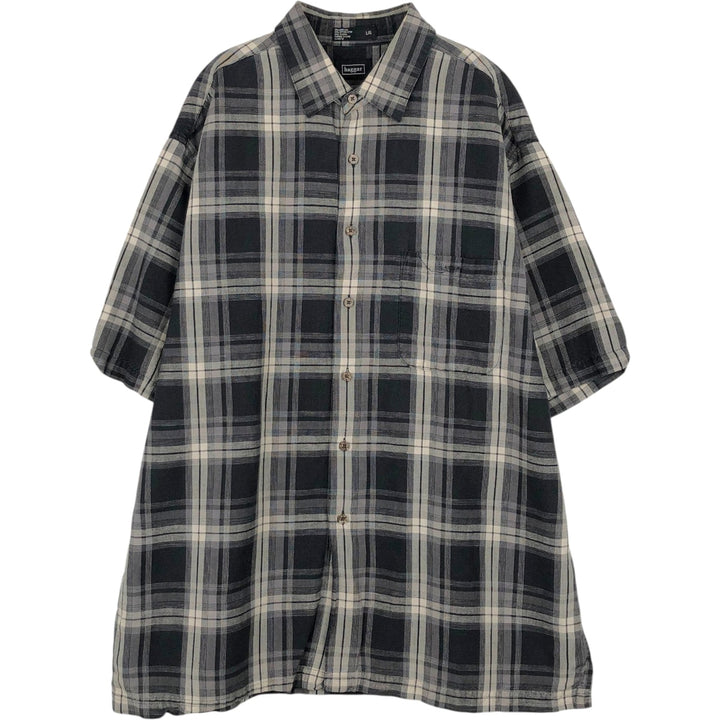 Haggar Check Pattern Short-Sleeve Linen Shirt, Boxy Shirt, Men's Size L (approx.) linen black type Vintage Second Hand