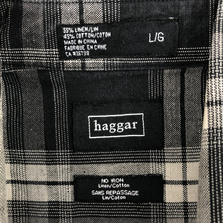 Haggar Check Pattern Short-Sleeve Linen Shirt, Boxy Shirt, Men's Size L (approx.) linen black type Vintage Second Hand