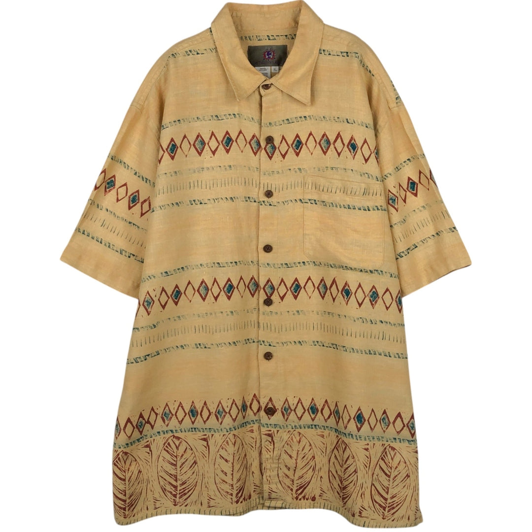 THE TERRITORY AHEAD All-over Border Pattern Native Border Short-Sleeve Linen Shirt Box Shirt Men's XL Equivalent linen yellow type Vintage Second Hand