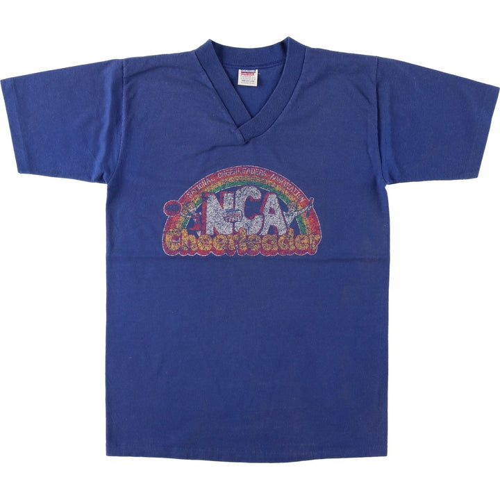 70s-era Cheerleader Supply Co., Inc. (NCA) V-neck sports print T-shirt, Made in USA, Men's size S (approx.) cotton blue type Vintage Second Hand