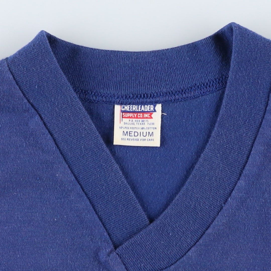 70s-era Cheerleader Supply Co., Inc. (NCA) V-neck sports print T-shirt, Made in USA, Men's size S (approx.) cotton blue type Vintage Second Hand