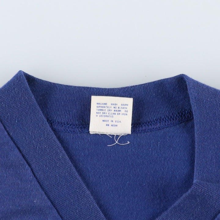 70s-era Cheerleader Supply Co., Inc. (NCA) V-neck sports print T-shirt, Made in USA, Men's size S (approx.) cotton blue type Vintage Second Hand