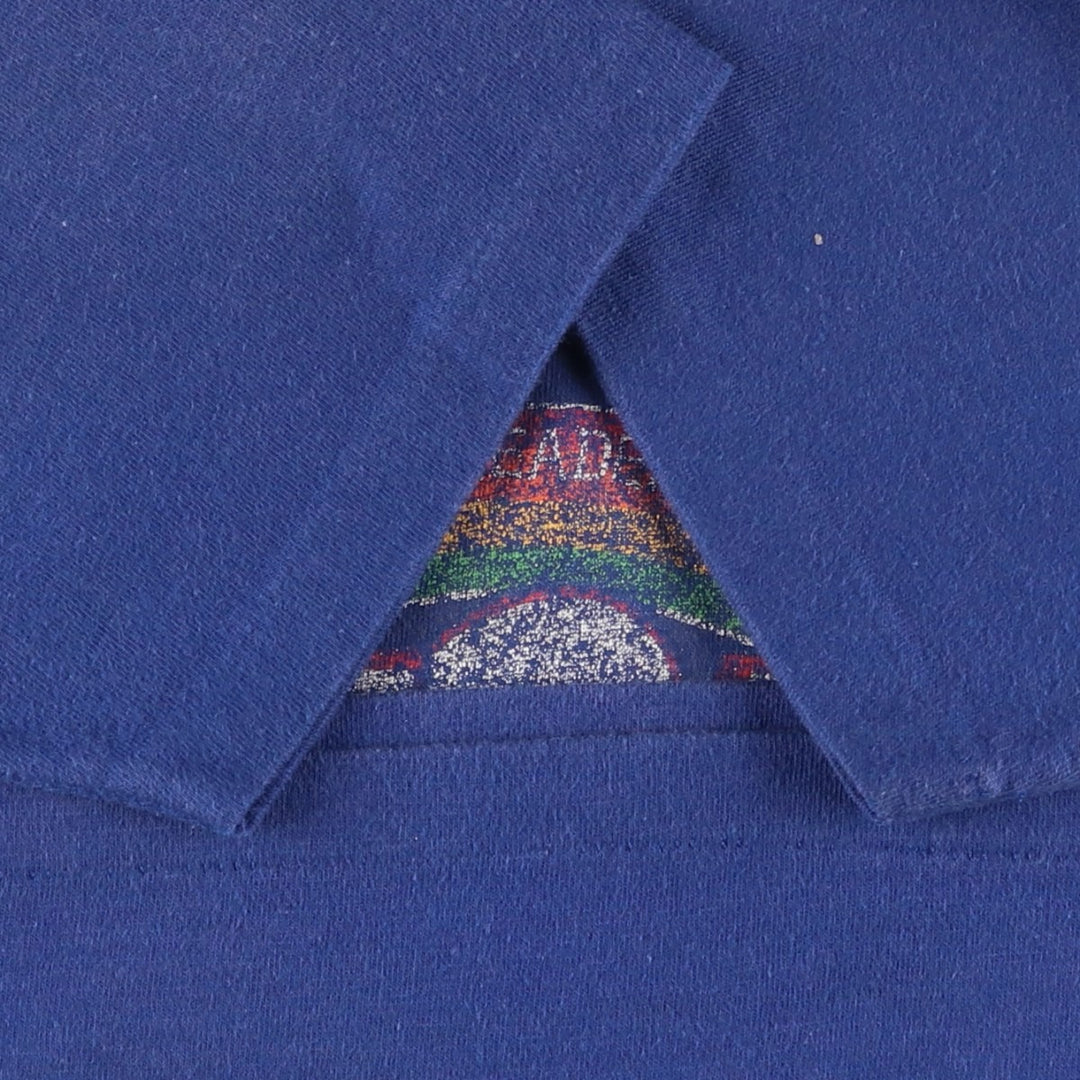 70s-era Cheerleader Supply Co., Inc. (NCA) V-neck sports print T-shirt, Made in USA, Men's size S (approx.) cotton blue type Vintage Second Hand
