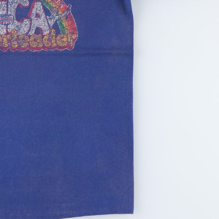 70s-era Cheerleader Supply Co., Inc. (NCA) V-neck sports print T-shirt, Made in USA, Men's size S (approx.) cotton blue type Vintage Second Hand