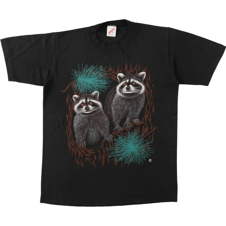 80'S Jerzees Raccoon Pattern Animal T-Shirt, Made in USA, Men's Size M (Equivalent), Vintage cotton black type Vintage Second Hand