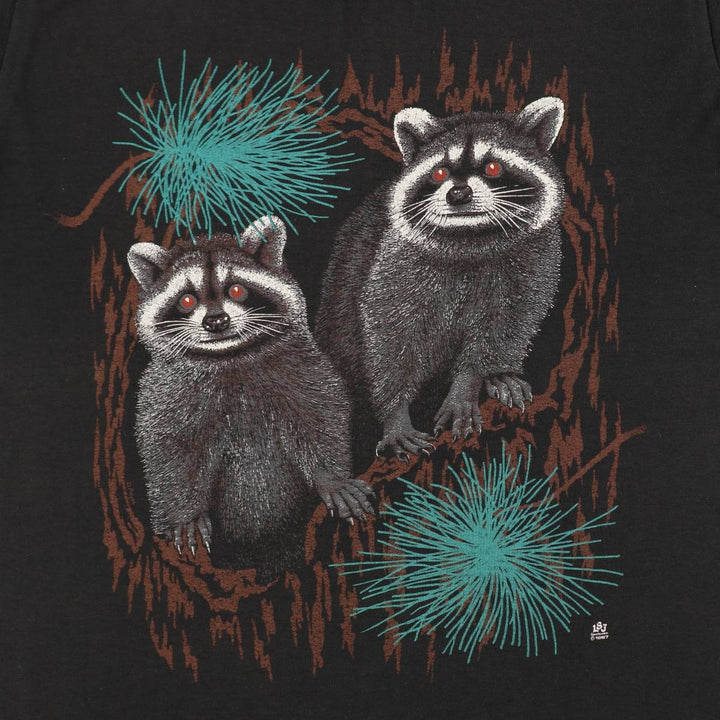 80'S Jerzees Raccoon Pattern Animal T-Shirt, Made in USA, Men's Size M (Equivalent), Vintage cotton black type Vintage Second Hand