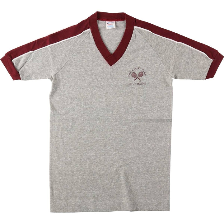 80'S Champion Tricot Tag V-Neck College T-Shirt, Made in USA, Women's Size S (Equivalent), Vintage polyester gray type Vintage Second Hand