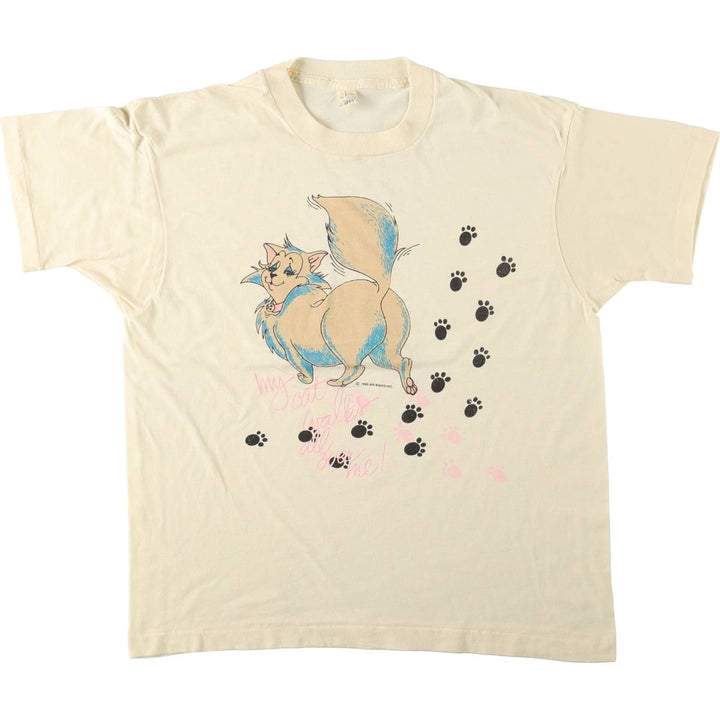 80'S Screen Stars Cat Pattern Print T-Shirt, Made in USA, Women's Size XL (Equivalent), Vintage cotton ivory Vintage Second Hand