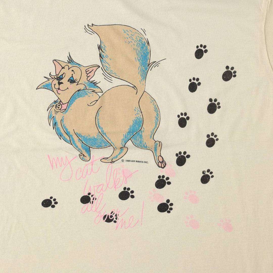 80'S Screen Stars Cat Pattern Print T-Shirt, Made in USA, Women's Size XL (Equivalent), Vintage cotton ivory Vintage Second Hand
