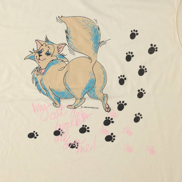 80'S Screen Stars Cat Pattern Print T-Shirt, Made in USA, Women's Size XL (Equivalent), Vintage cotton ivory Vintage Second Hand