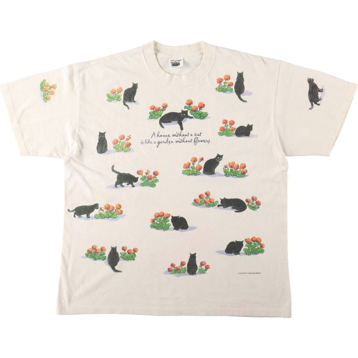 90'S rel.e.vant products Cat Pattern Animal T-shirt, Made in USA, Women's XL equivalent, Vintage cotton pale white type Vintage Second Hand