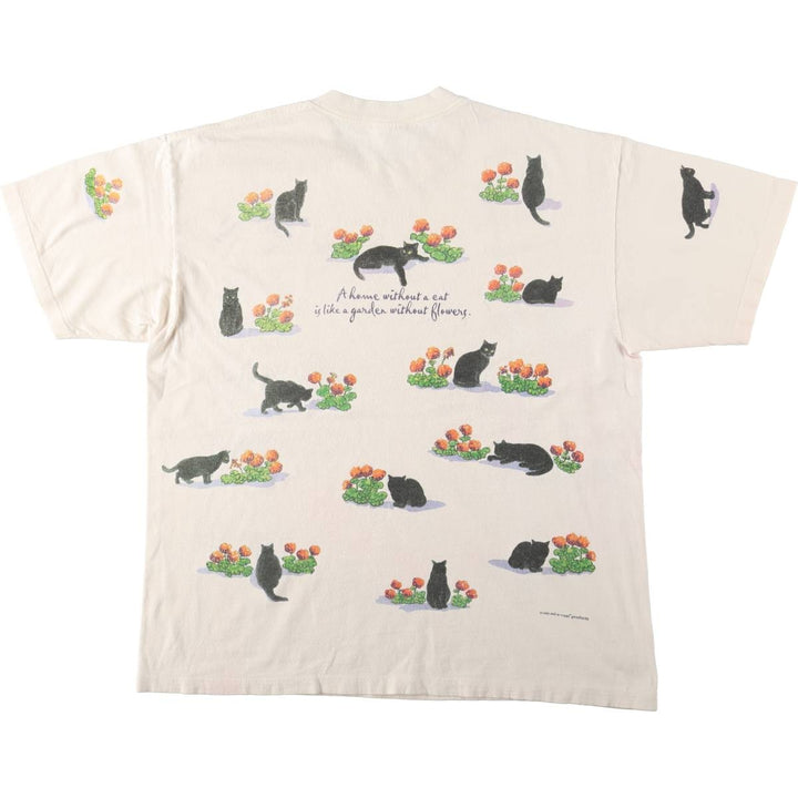90'S rel.e.vant products Cat Pattern Animal T-shirt, Made in USA, Women's XL equivalent, Vintage cotton pale white type Vintage Second Hand