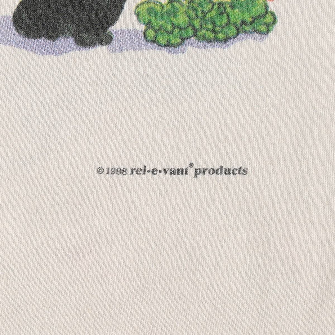 90'S rel.e.vant products Cat Pattern Animal T-shirt, Made in USA, Women's XL equivalent, Vintage cotton pale white type Vintage Second Hand