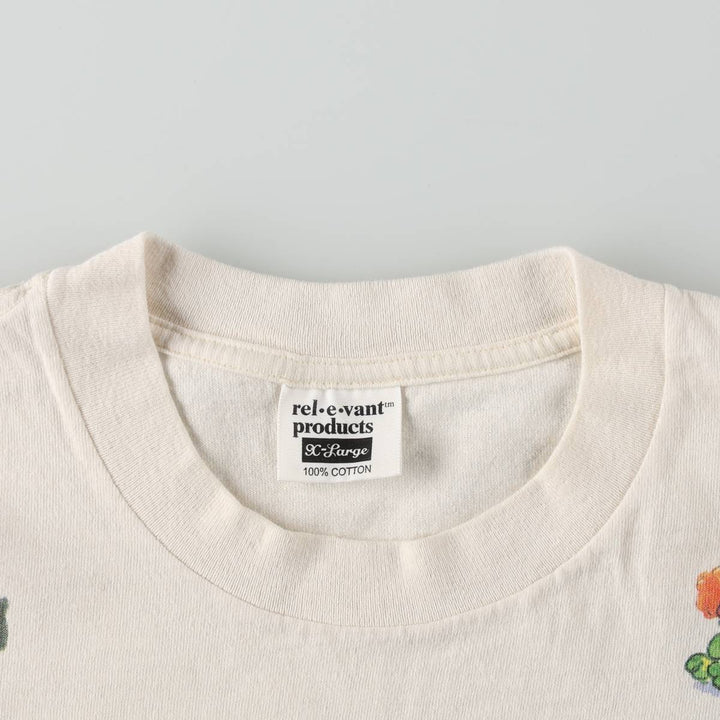 90'S rel.e.vant products Cat Pattern Animal T-shirt, Made in USA, Women's XL equivalent, Vintage cotton pale white type Vintage Second Hand