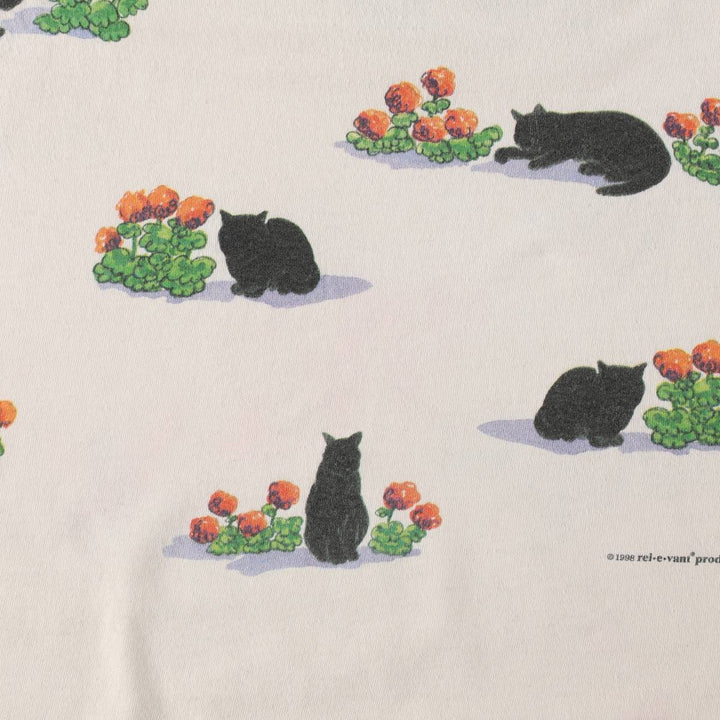 90'S rel.e.vant products Cat Pattern Animal T-shirt, Made in USA, Women's XL equivalent, Vintage cotton pale white type Vintage Second Hand