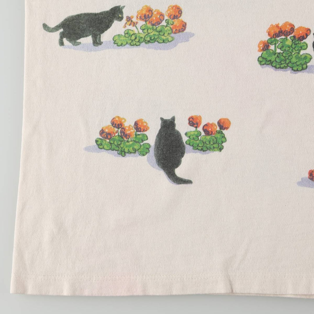 90'S rel.e.vant products Cat Pattern Animal T-shirt, Made in USA, Women's XL equivalent, Vintage cotton pale white type Vintage Second Hand