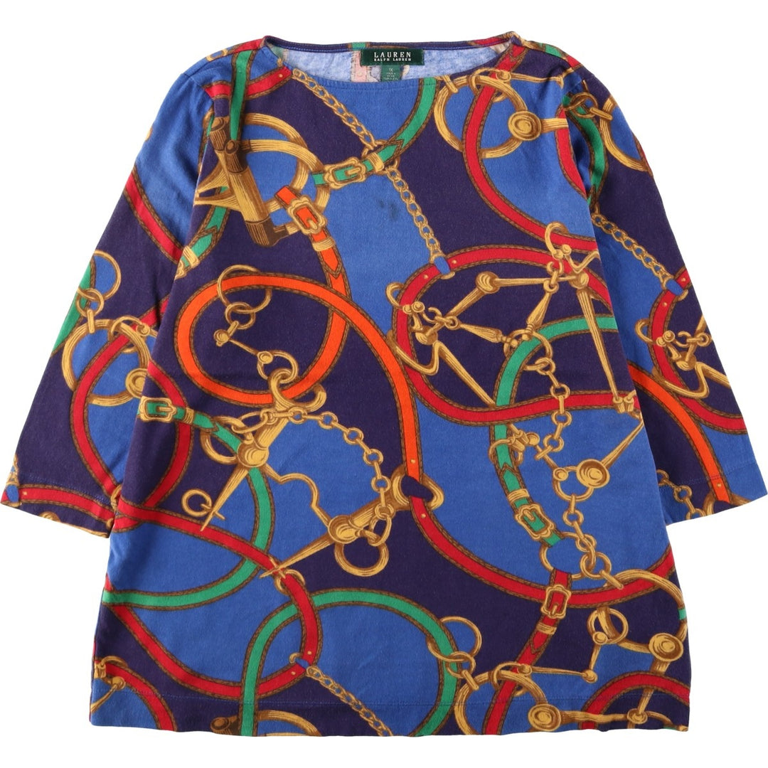 Ralph Lauren LAUREN All-over print boat neck three-quarter sleeve long T-shirt (women's size XL equivalent) cotton blue type Vintage Second Hand