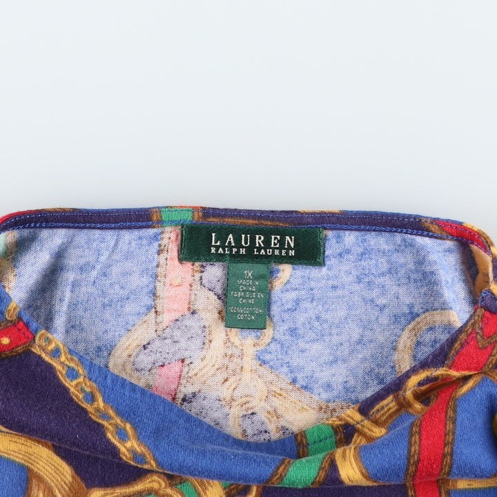 Ralph Lauren LAUREN All-over print boat neck three-quarter sleeve long T-shirt (women's size XL equivalent) cotton blue type Vintage Second Hand