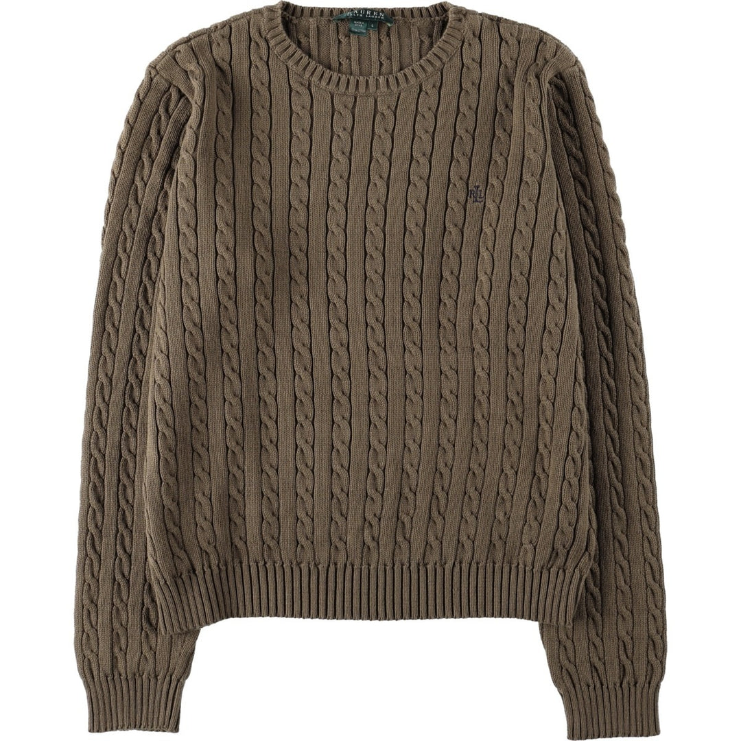Ralph Lauren LAUREN cable knit cotton sweater, women's size L cotton Khaki type brown Vintage Second Hand