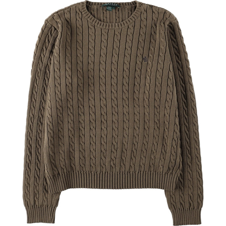 Ralph Lauren LAUREN cable knit cotton sweater, women's size L cotton Khaki type brown Vintage Second Hand