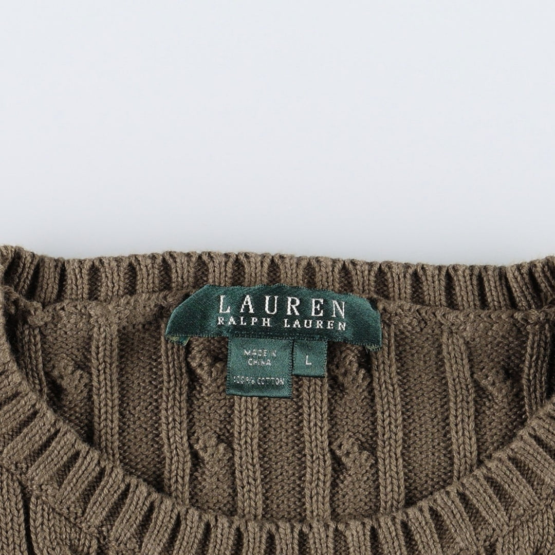 Ralph Lauren LAUREN cable knit cotton sweater, women's size L cotton Khaki type brown Vintage Second Hand